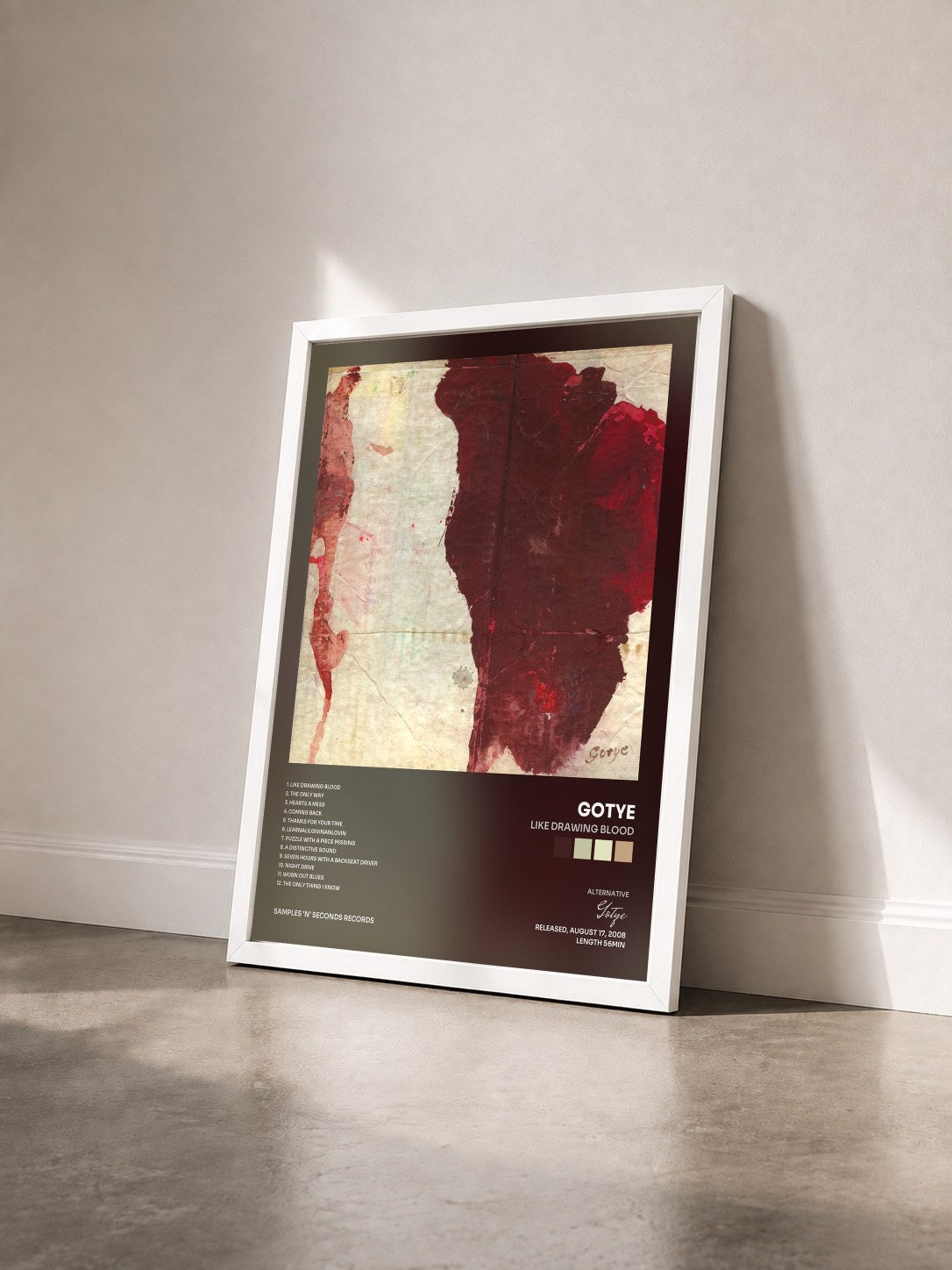 #blanc Tableau de l'album Like Drawing Blood de Gotye vu de trois quarts, cadre blanc