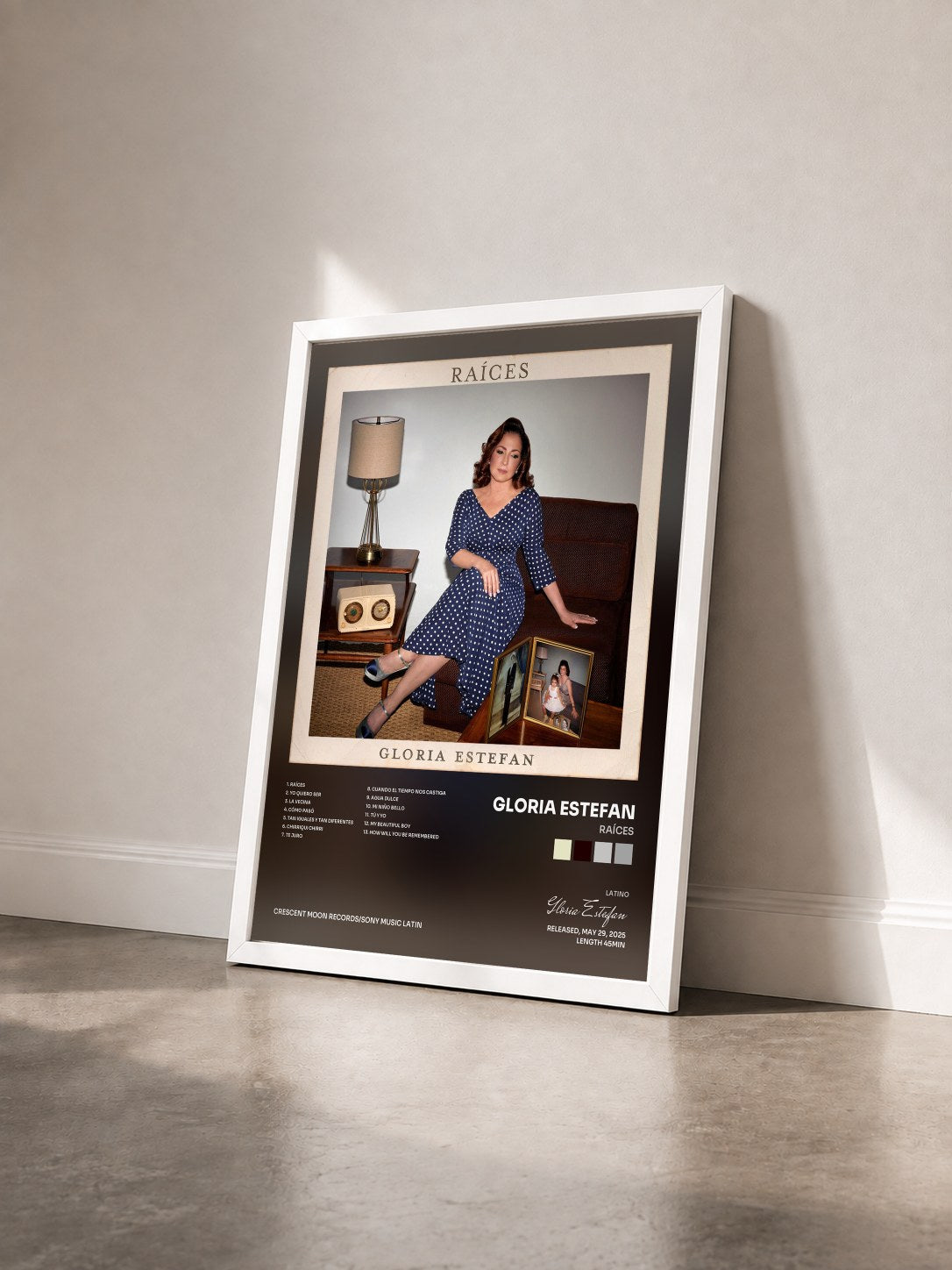 #blanc Tableau de l'album Raíces de Gloria Estefan vu de trois quarts, cadre blanc