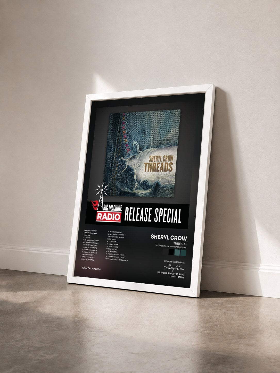 #blanc Tableau de l'album Threads (Big Machine Radio Release Special) de Sheryl Crow vu de trois quarts, cadre blanc
