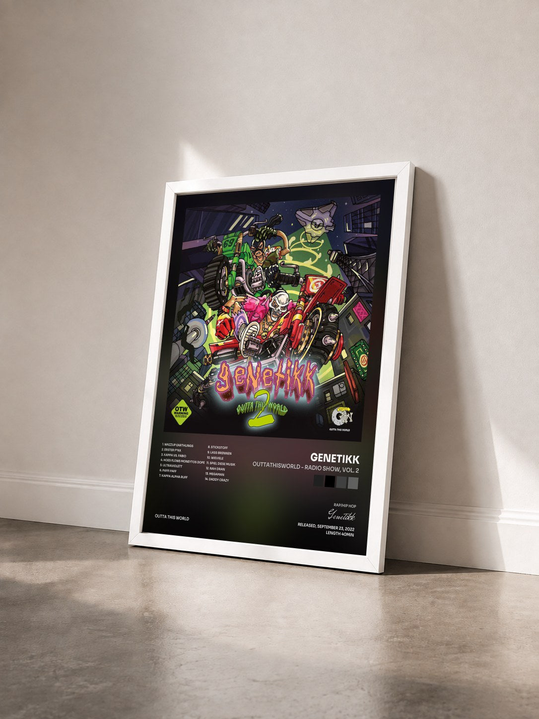 #blanc Tableau de l'album OUTTATHISWORLD - RADIO SHOW, Vol. 2 de Genetikk vu de trois quarts, cadre blanc
