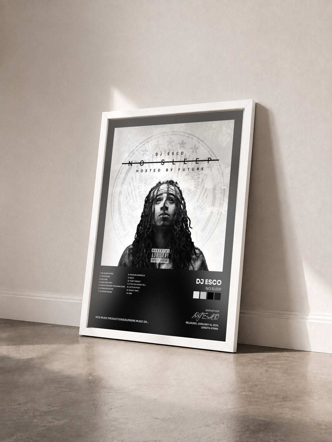 #blanc Tableau de l'album No Sleep de DJ ESCO vu de trois quarts, cadre blanc