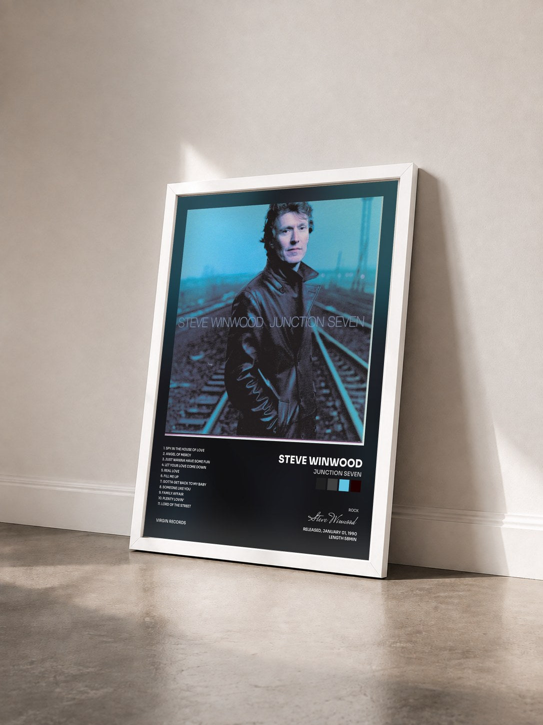 #blanc Tableau de l'album Junction Seven de Steve Winwood vu de trois quarts, cadre blanc