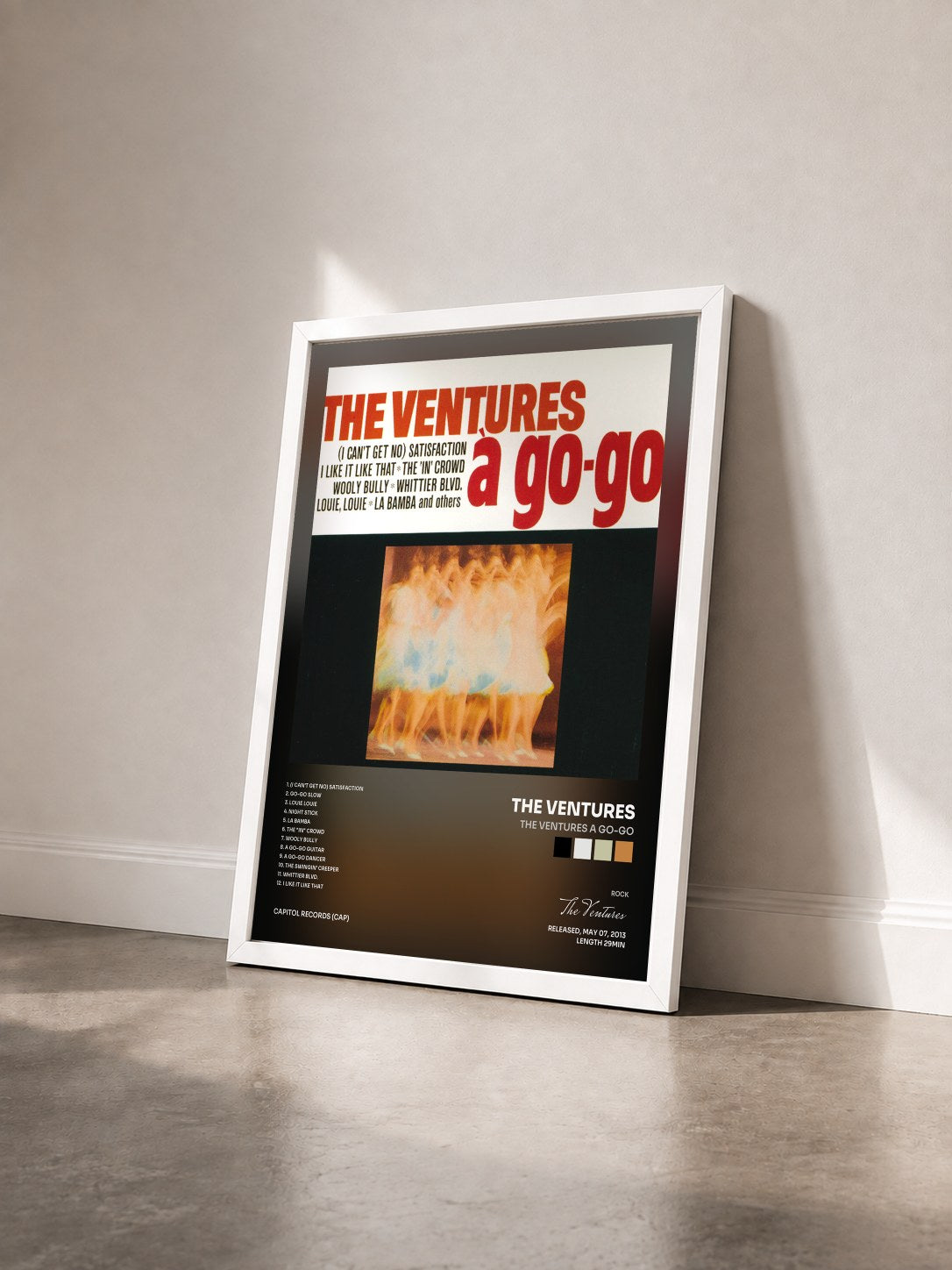 #blanc Tableau de l'album The Ventures A Go-Go de The Ventures vu de trois quarts, cadre blanc