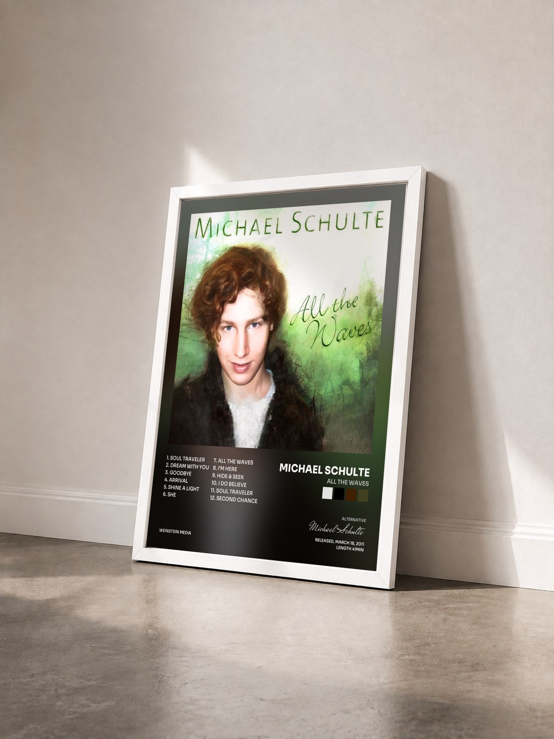 #blanc Tableau de l'album All the Waves de Michael Schulte vu de trois quarts, cadre blanc