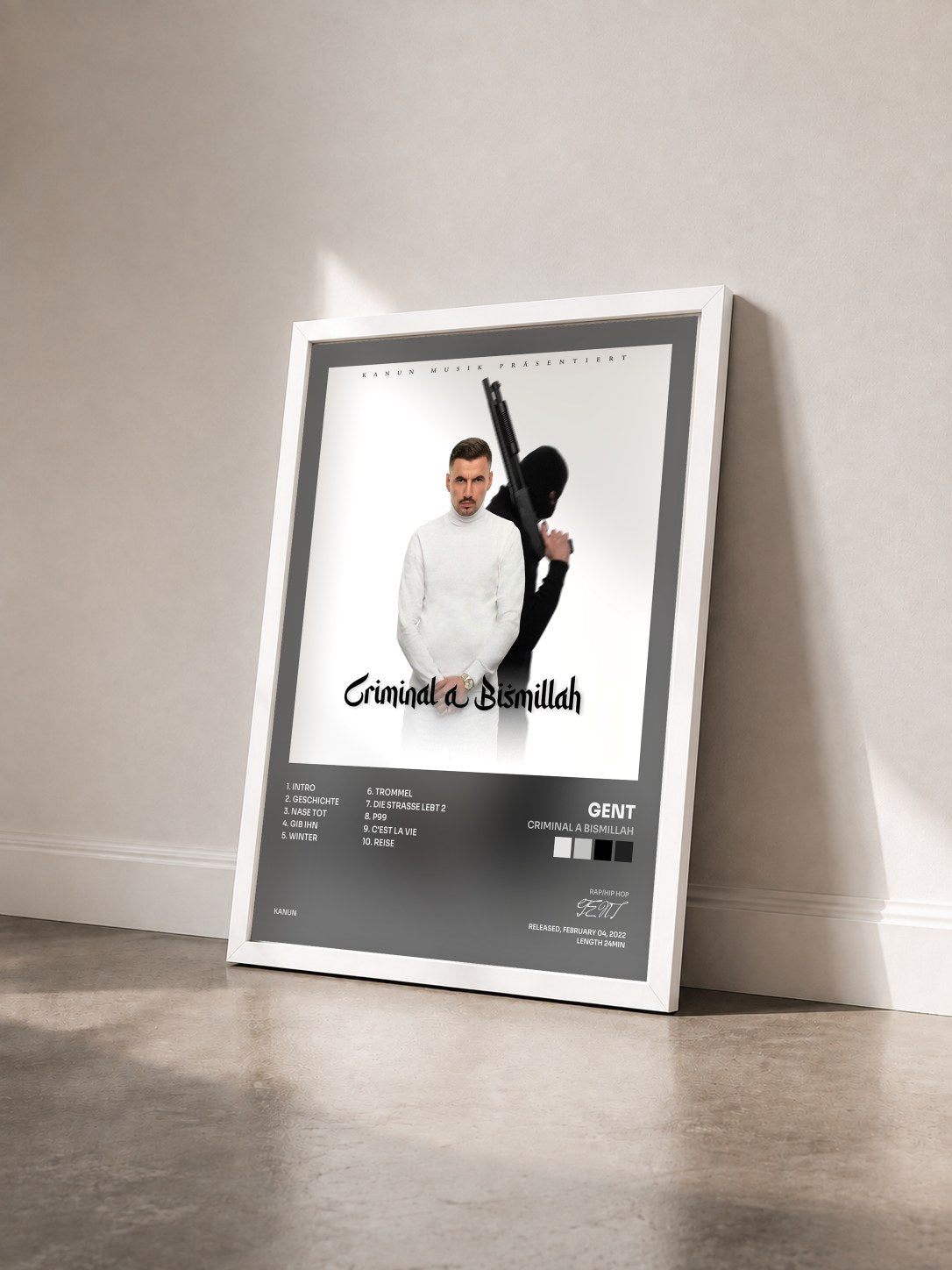 #blanc Tableau de l'album Criminal A Bismillah de GENT vu de trois quarts, cadre blanc