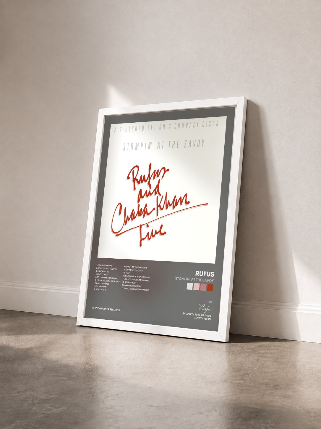 #blanc Tableau de l'album Stompin' At The Savoy de Rufus vu de trois quarts, cadre blanc