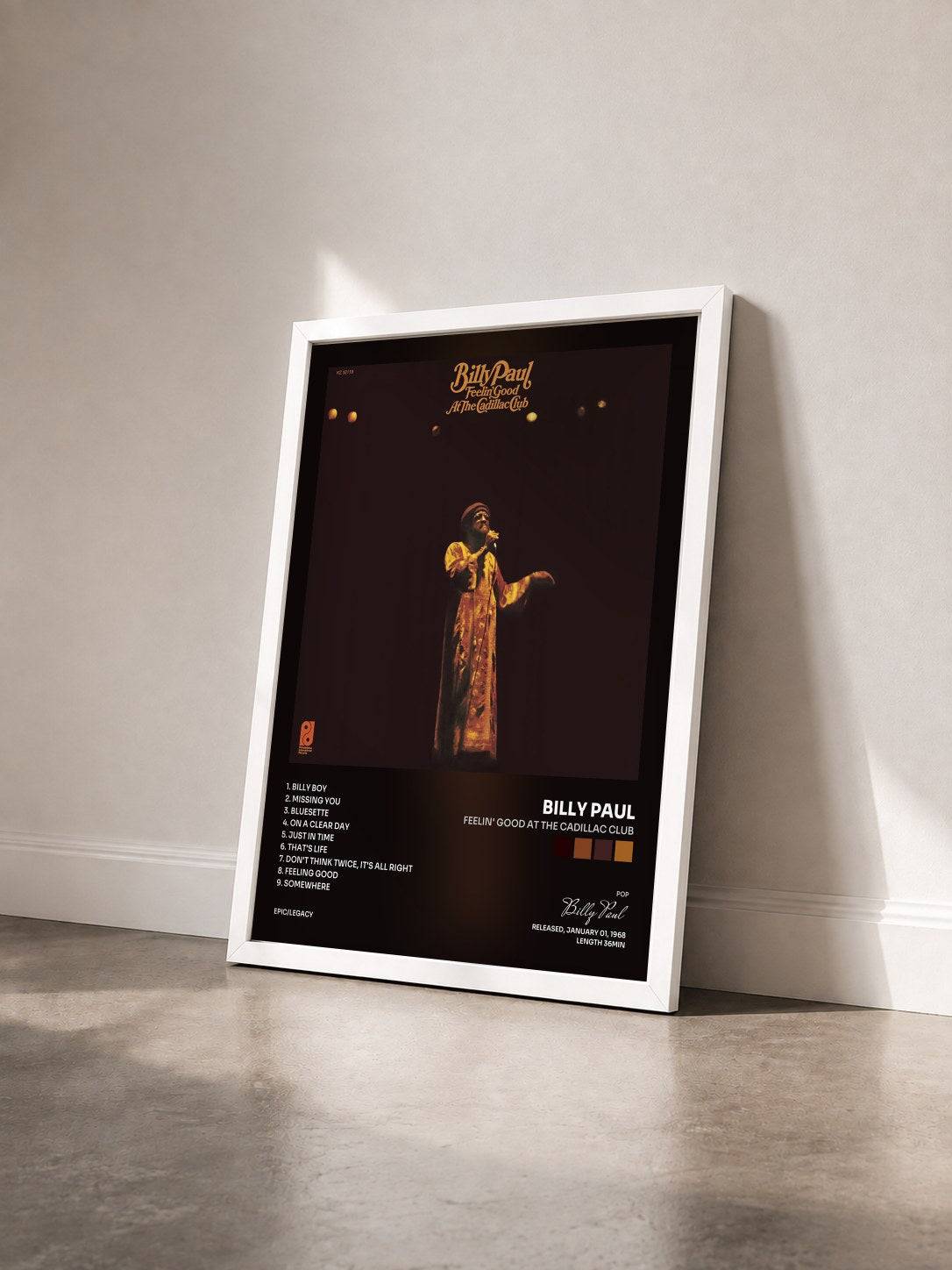#blanc Tableau de l'album Feelin' Good at the Cadillac Club de Billy Paul vu de trois quarts, cadre blanc