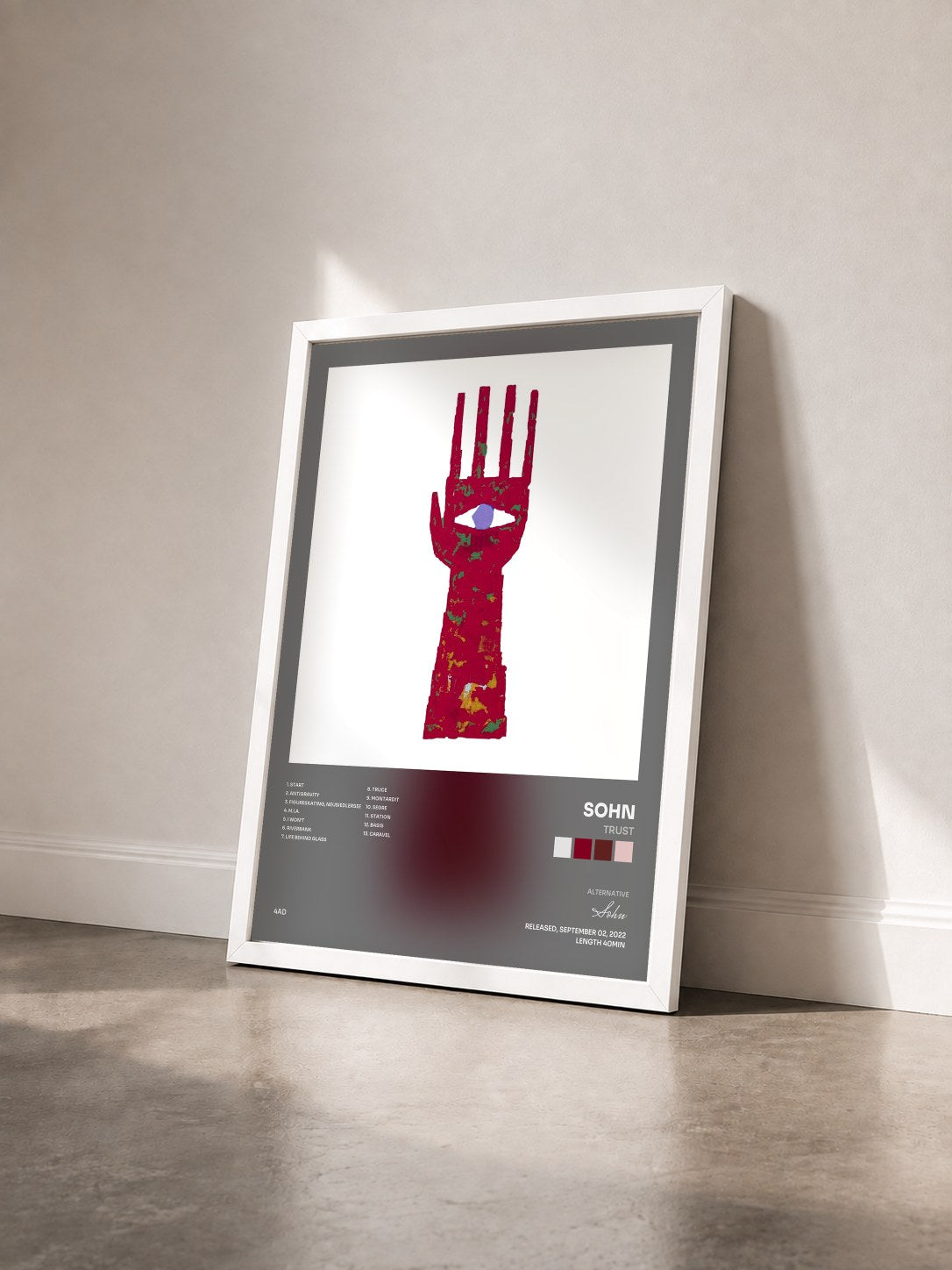 #blanc Tableau de l'album Trust de Sohn vu de trois quarts, cadre blanc