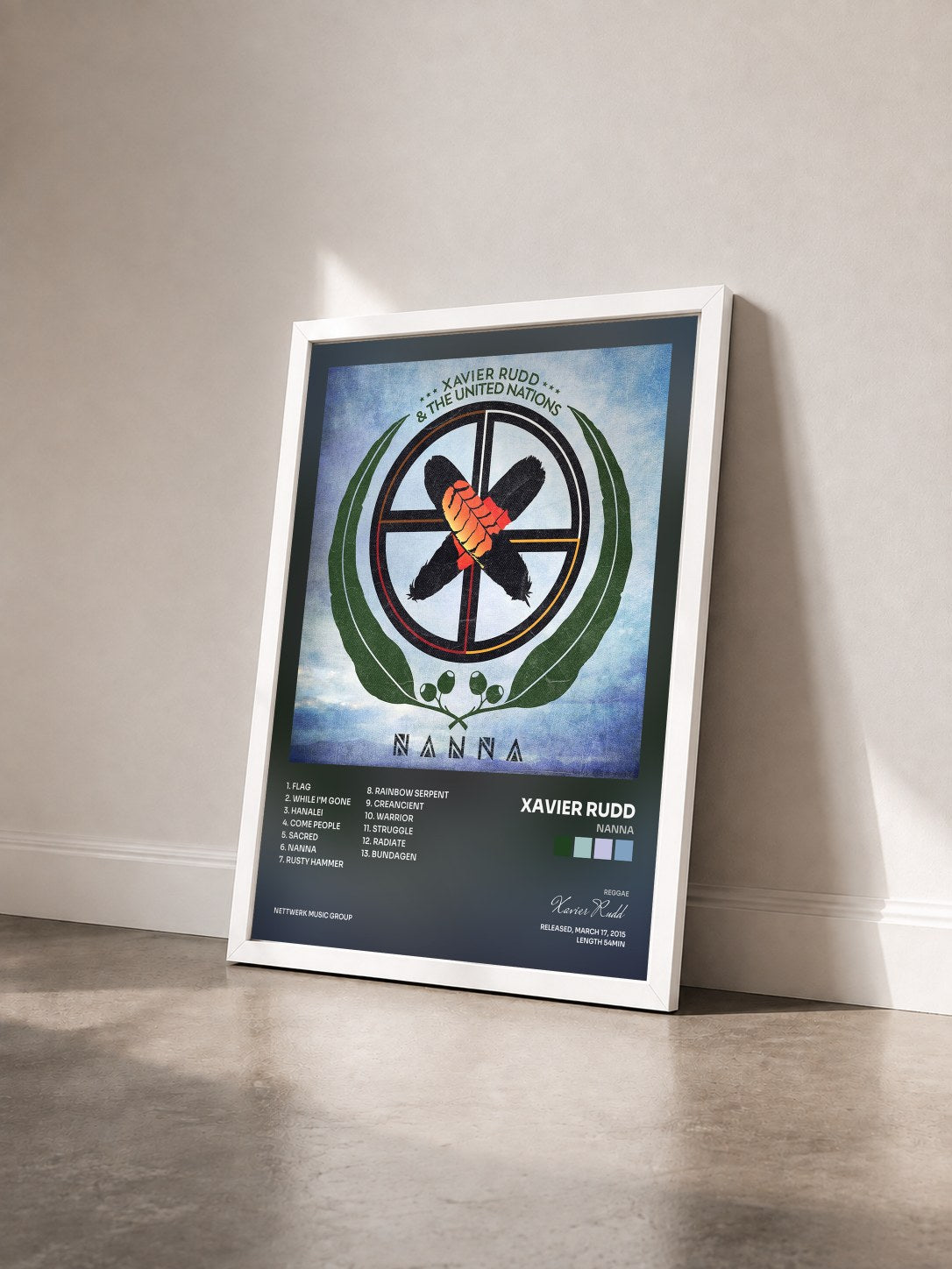 #blanc Tableau de l'album Nanna de Xavier Rudd vu de trois quarts, cadre blanc