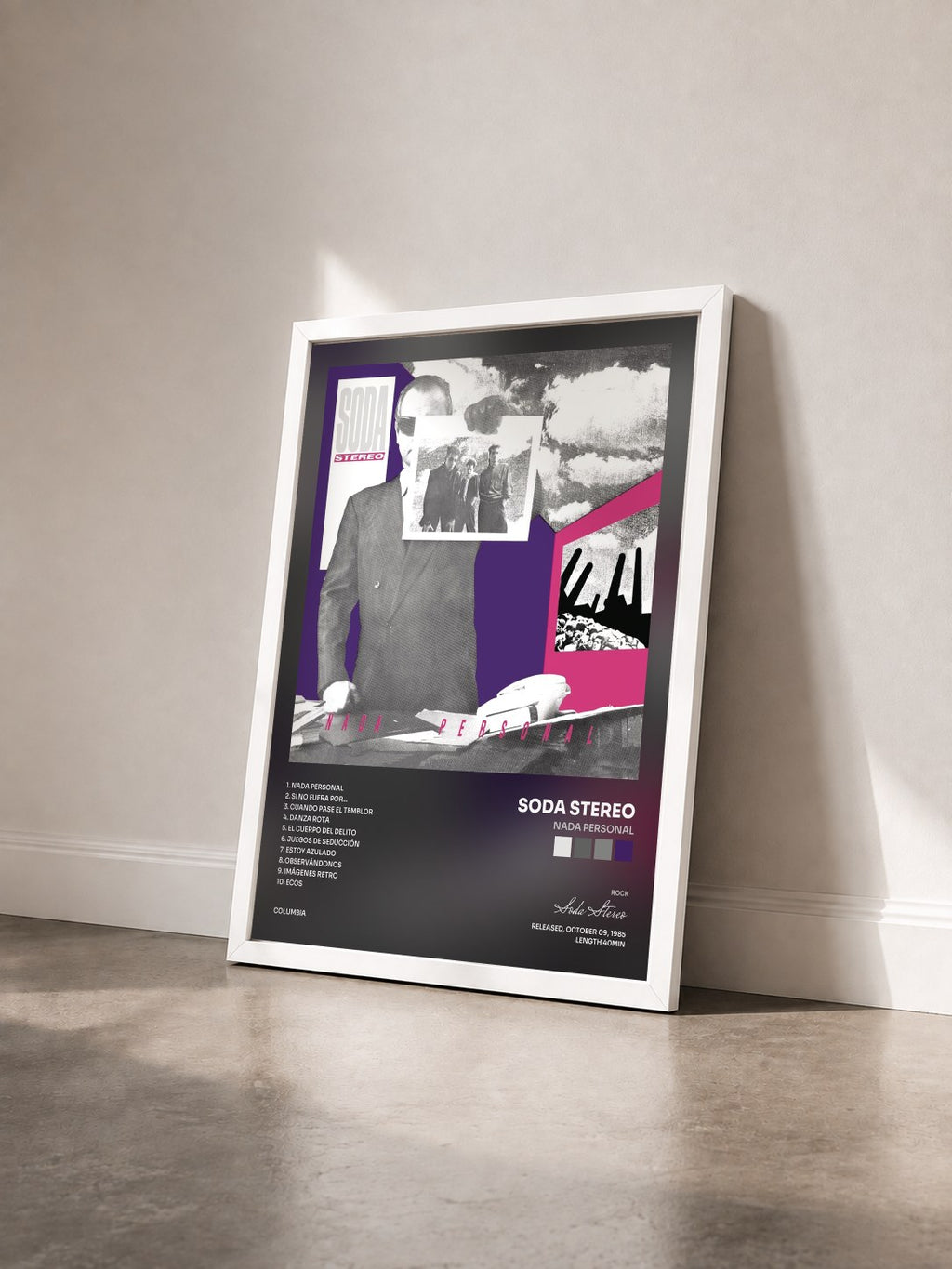 #blanc Tableau de l'album Nada Personal de Soda Stereo vu de trois quarts, cadre blanc