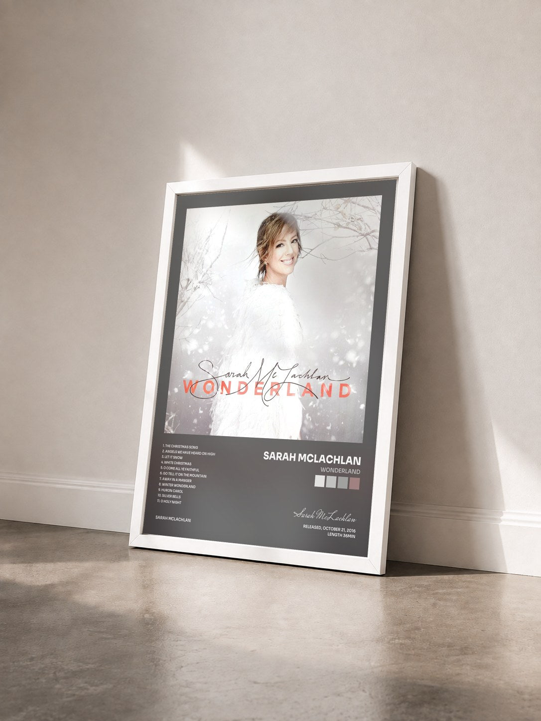 #blanc Tableau de l'album Wonderland de Sarah McLachlan vu de trois quarts, cadre blanc