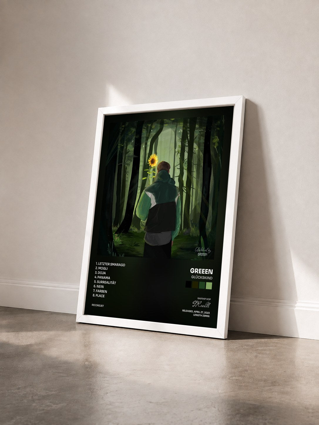 #blanc Tableau de l'album Glückskind de GReeeN vu de trois quarts, cadre blanc