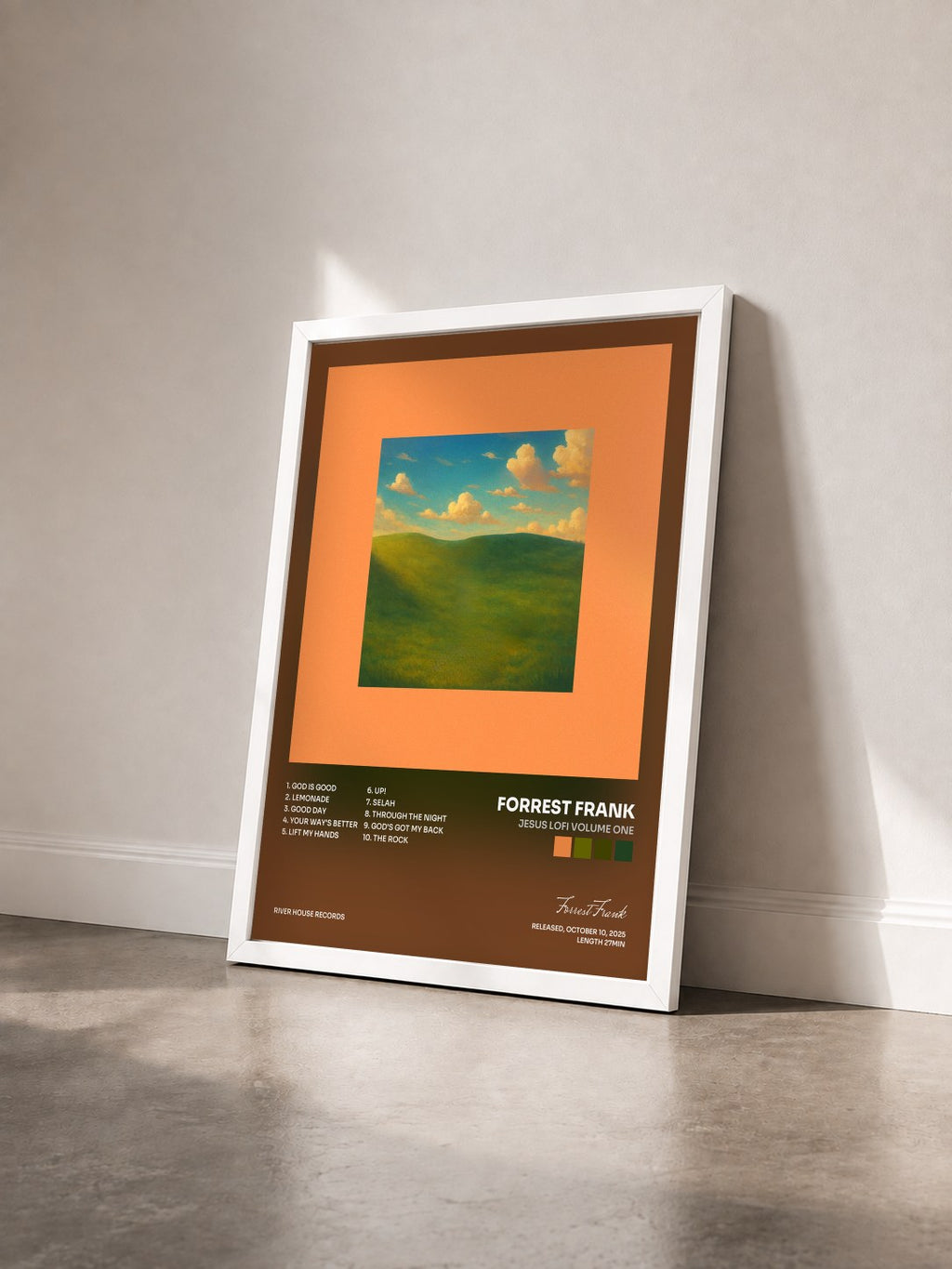 #blanc Tableau de l'album JESUS LOFI VOLUME ONE de Forrest Frank vu de trois quarts, cadre blanc