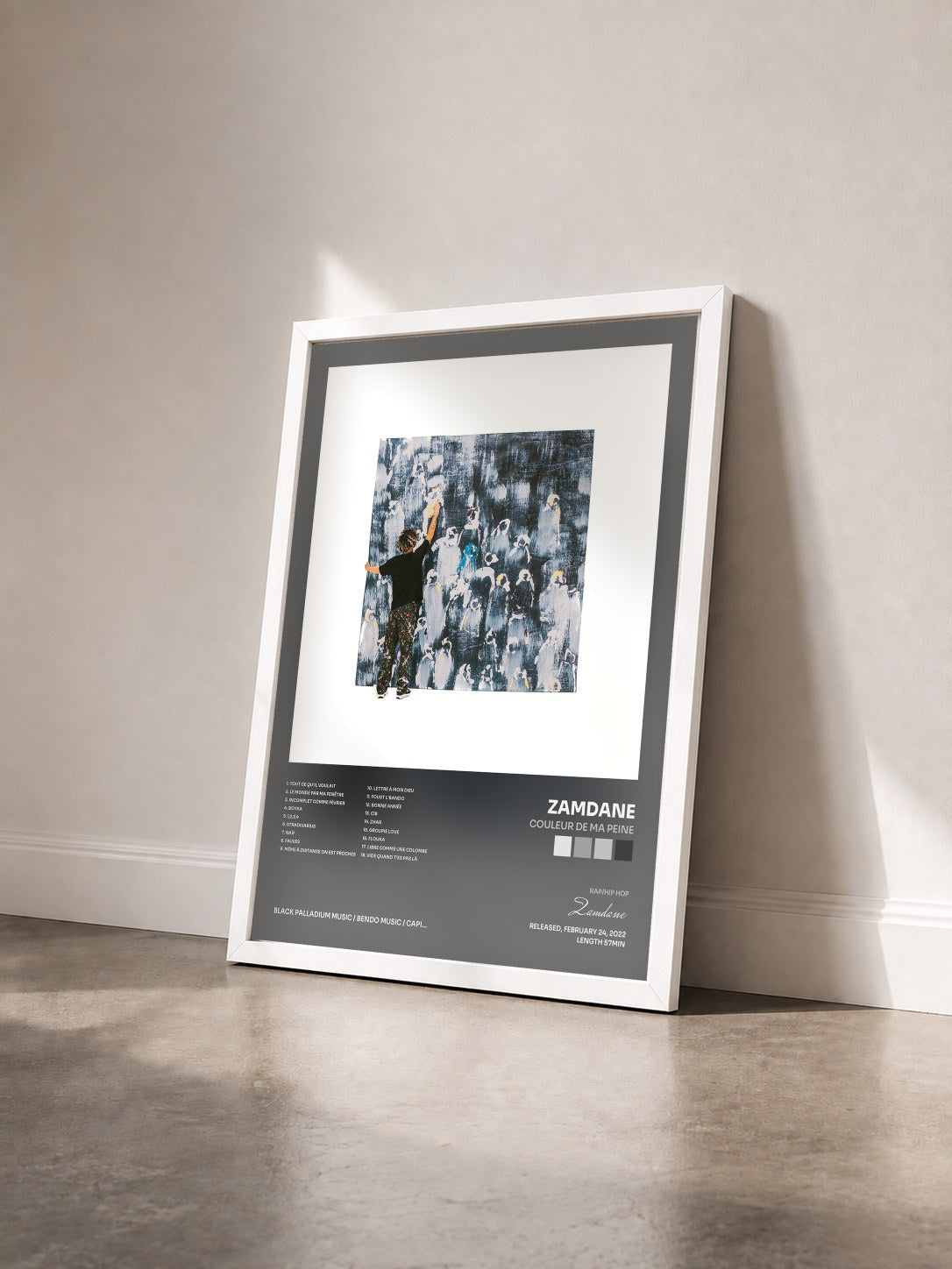 #blanc Tableau de l'album Couleur de ma peine de Zamdane vu de trois quarts, cadre blanc