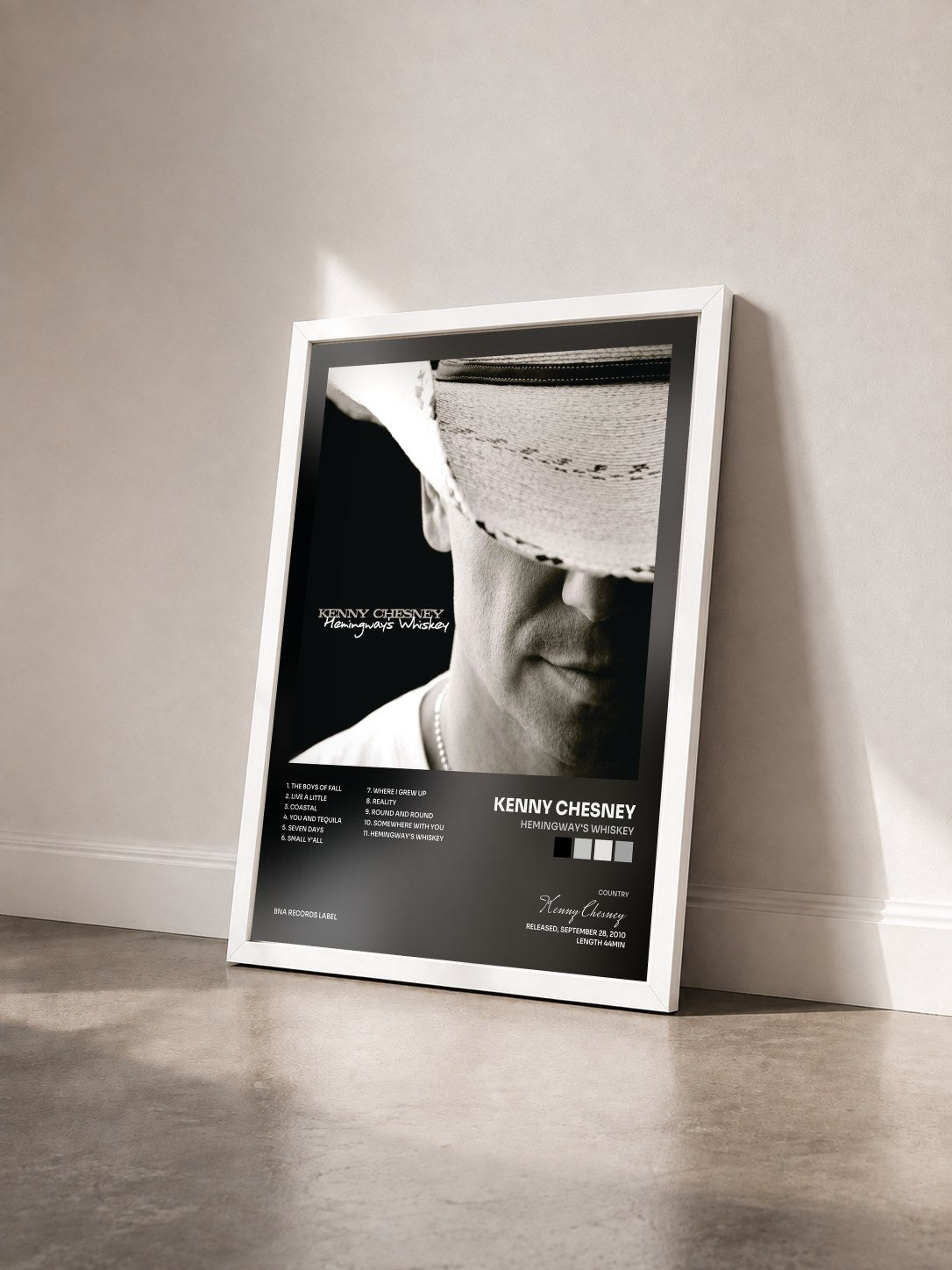 #blanc Tableau de l'album Hemingway's Whiskey de Kenny Chesney vu de trois quarts, cadre blanc