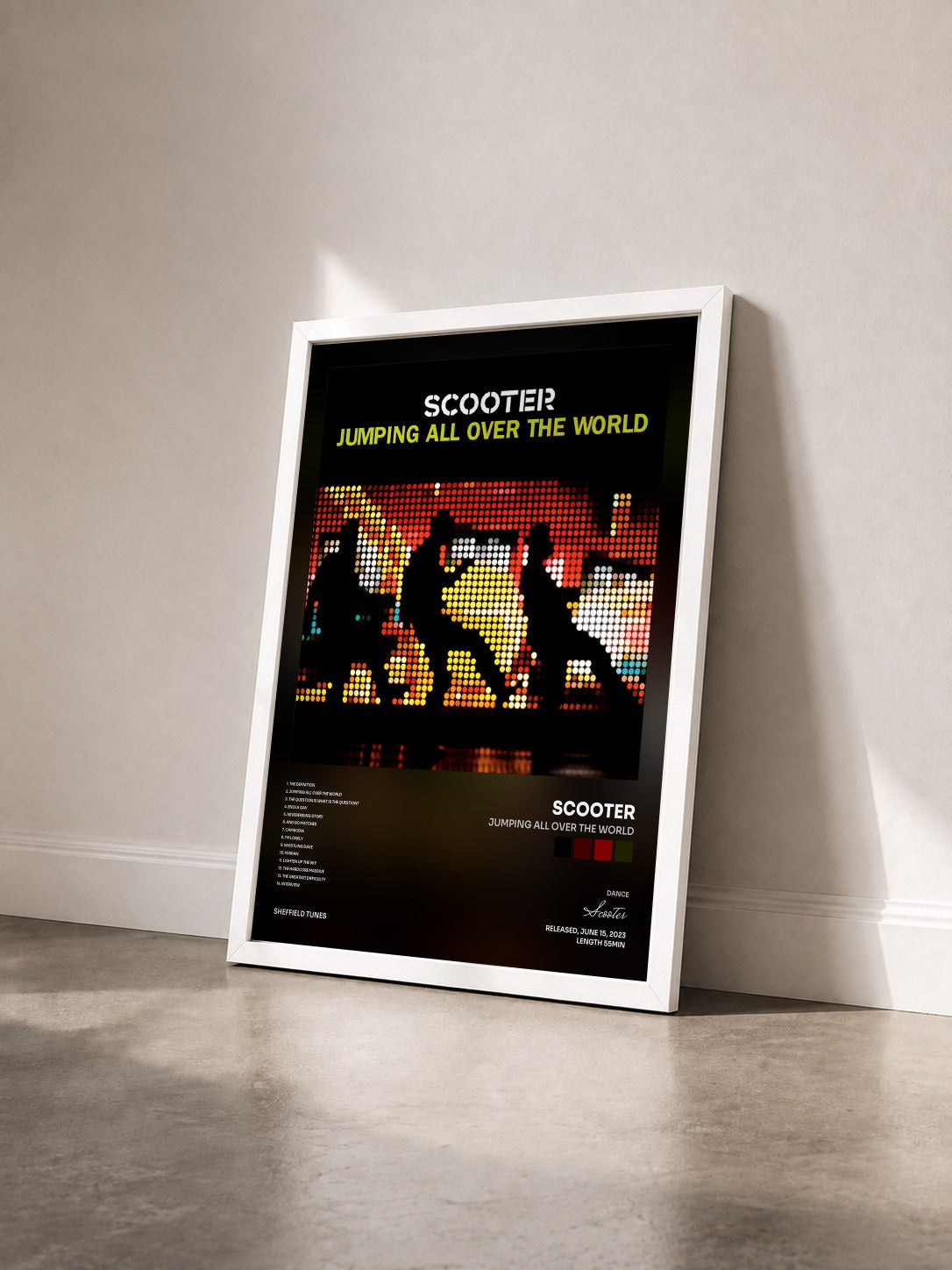 #blanc Tableau de l'album Jumping All Over The World de Scooter vu de trois quarts, cadre blanc