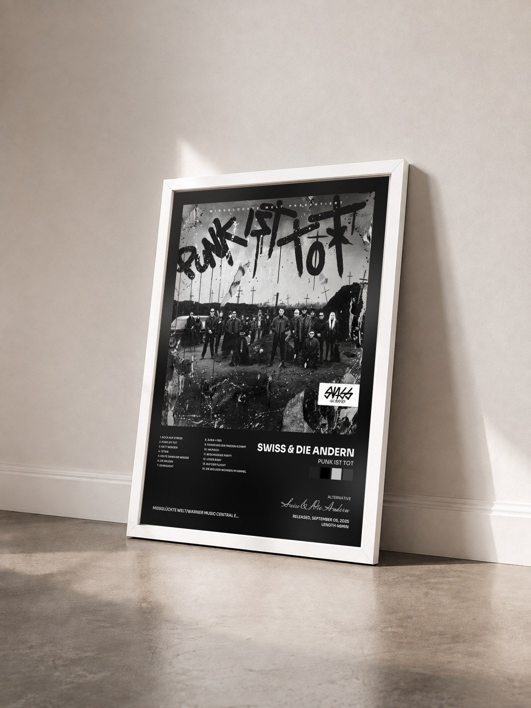 #blanc Tableau de l'album Punk ist tot de Swiss & Die Andern vu de trois quarts, cadre blanc