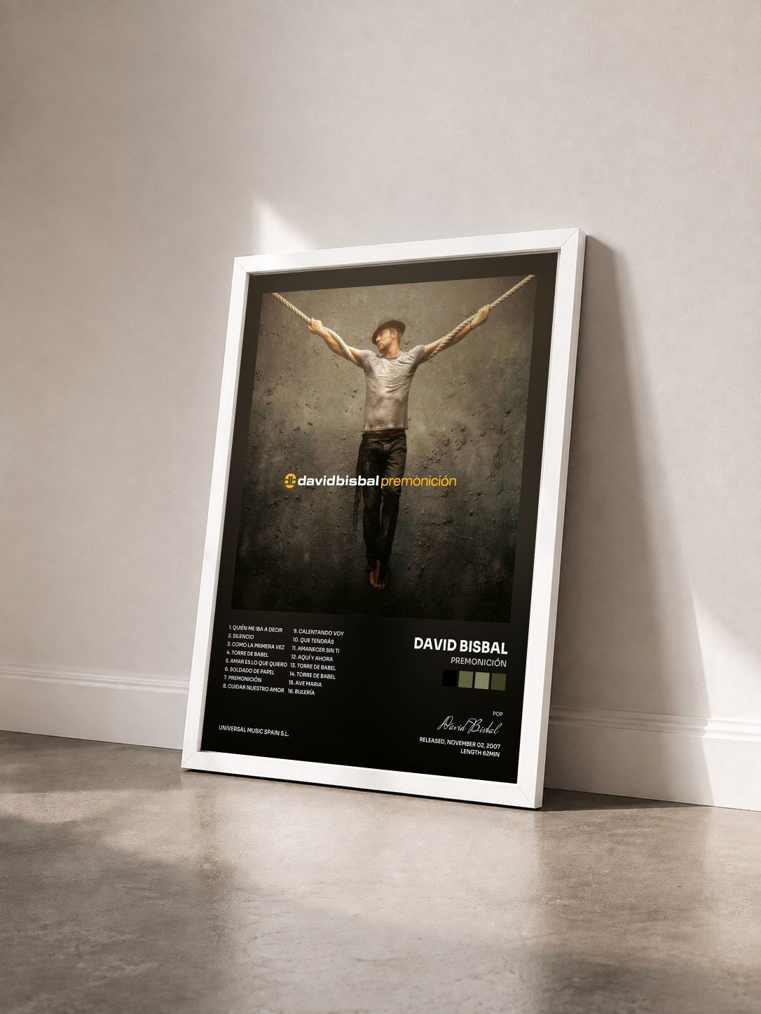 #blanc Tableau de l'album Premonición de David Bisbal vu de trois quarts, cadre blanc