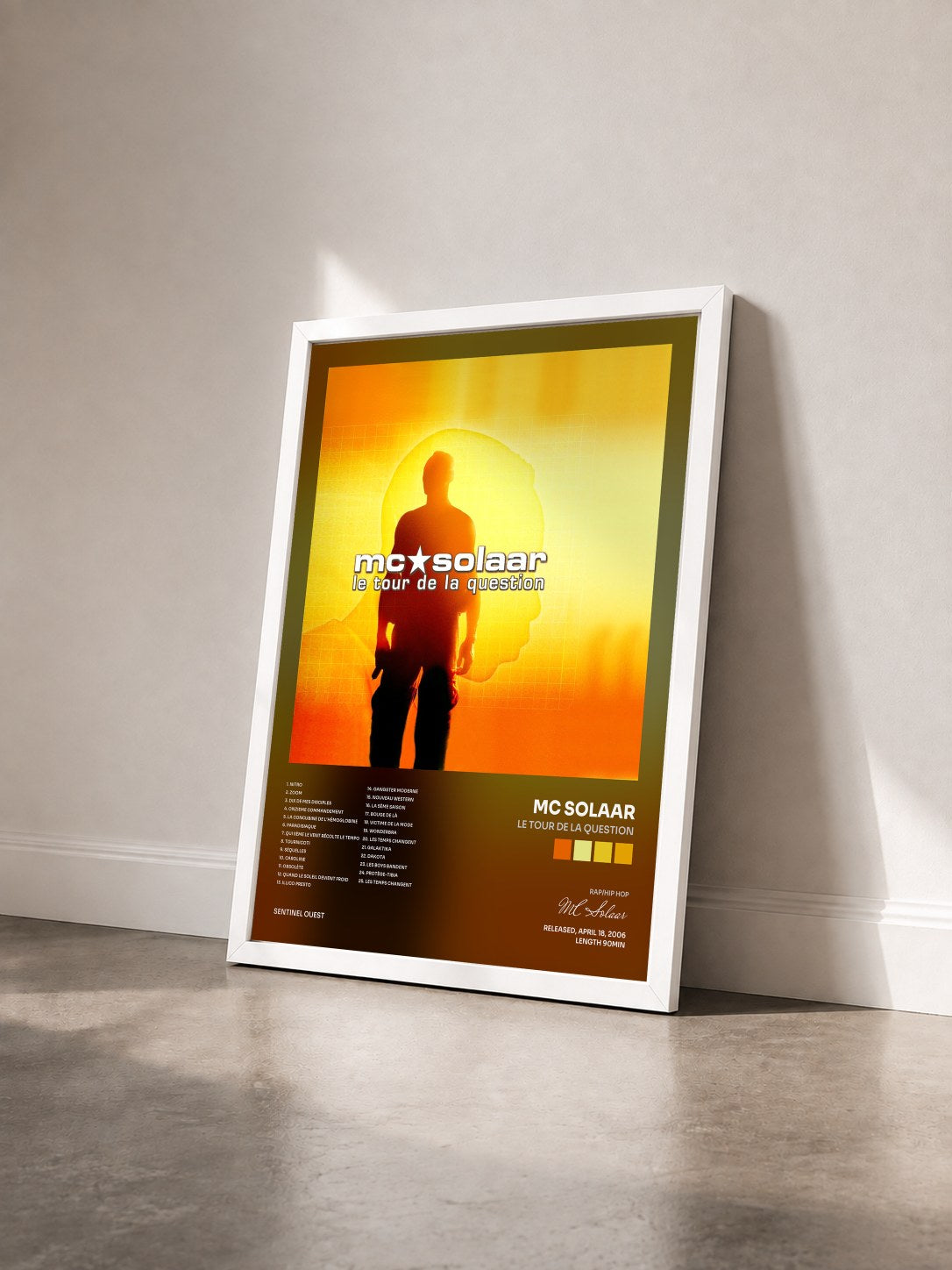 #blanc Tableau de l'album Le tour de la question de MC Solaar vu de trois quarts, cadre blanc