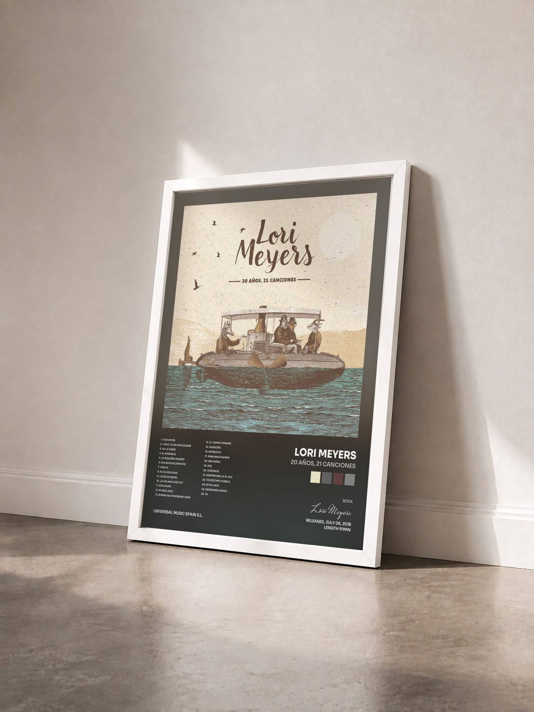 #blanc Tableau de l'album 20 Años, 21 Canciones de Lori Meyers vu de trois quarts, cadre blanc