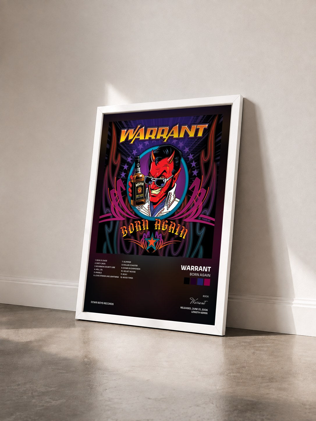 #blanc Tableau de l'album Born Again de Warrant vu de trois quarts, cadre blanc