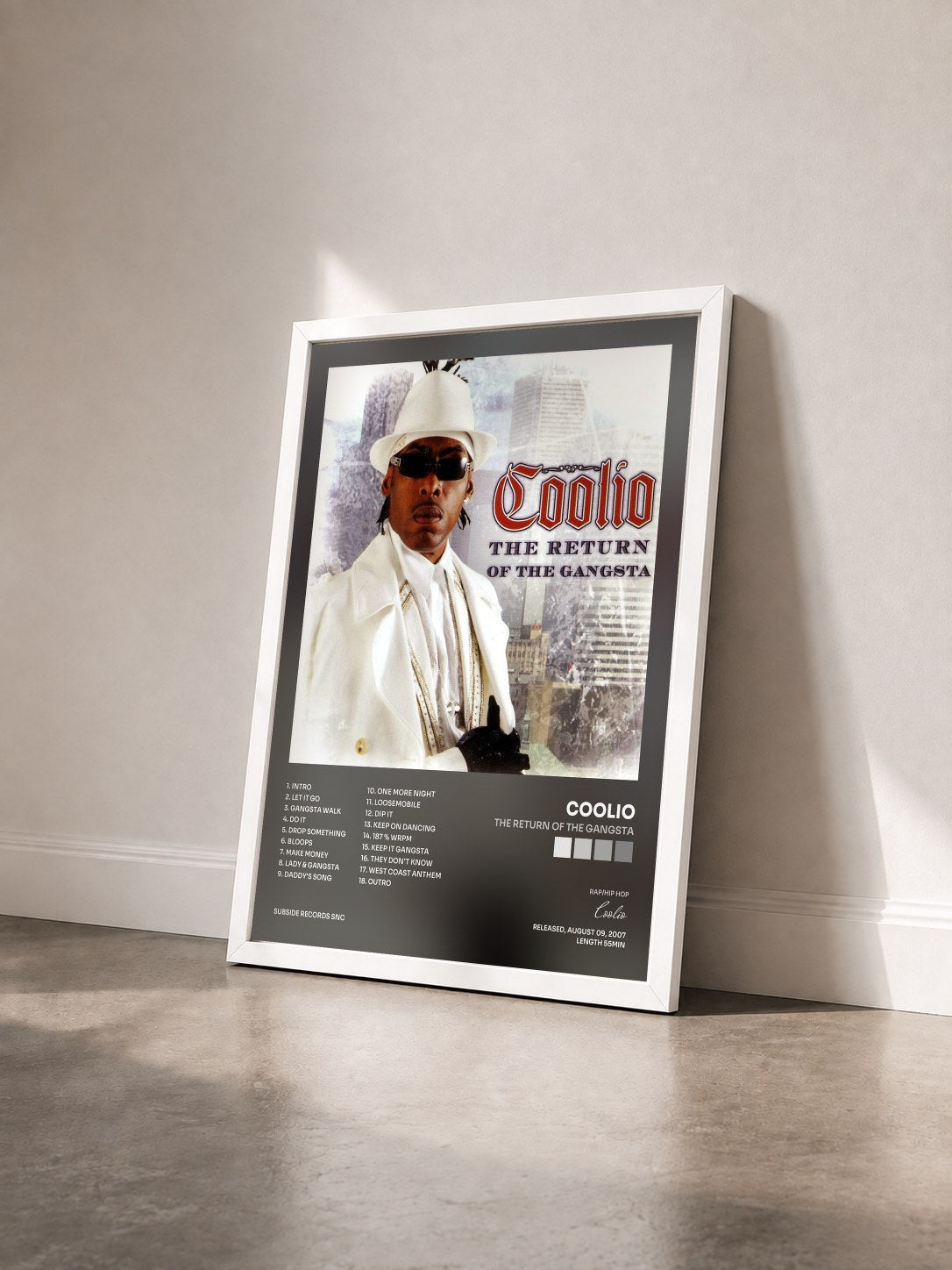 #blanc Tableau de l'album The Return Of The Gangsta de Coolio vu de trois quarts, cadre blanc