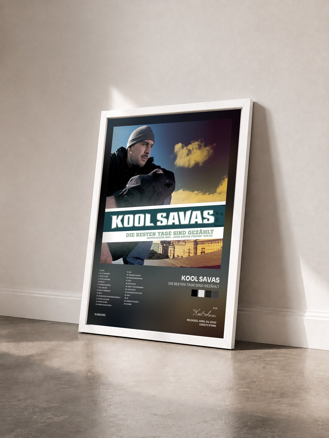 #blanc Tableau de l'album Die besten Tage sind gezählt de Kool Savas vu de trois quarts, cadre blanc