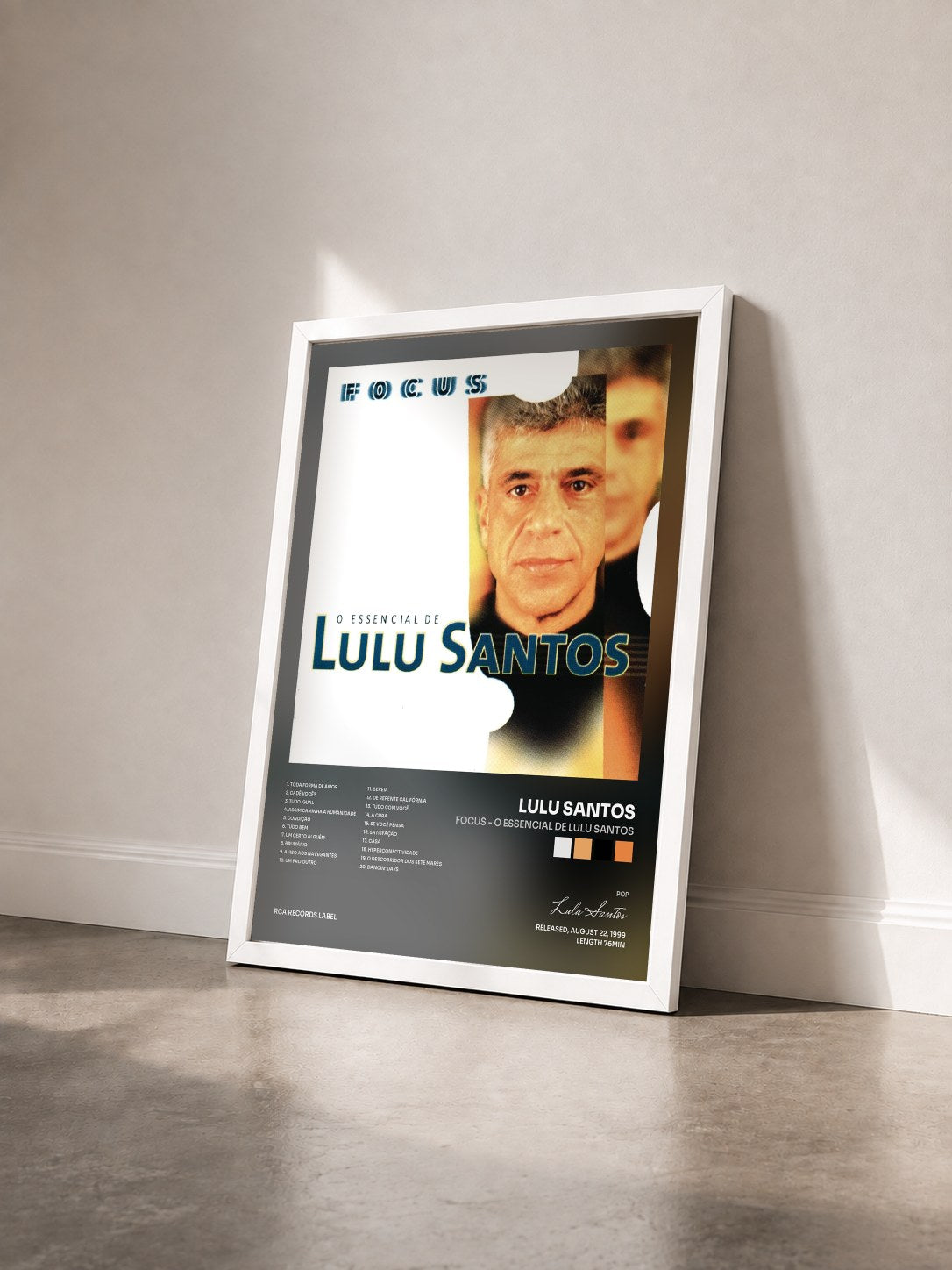 #blanc Tableau de l'album Focus - O Essencial de Lulu Santos de Lulu Santos vu de trois quarts, cadre blanc
