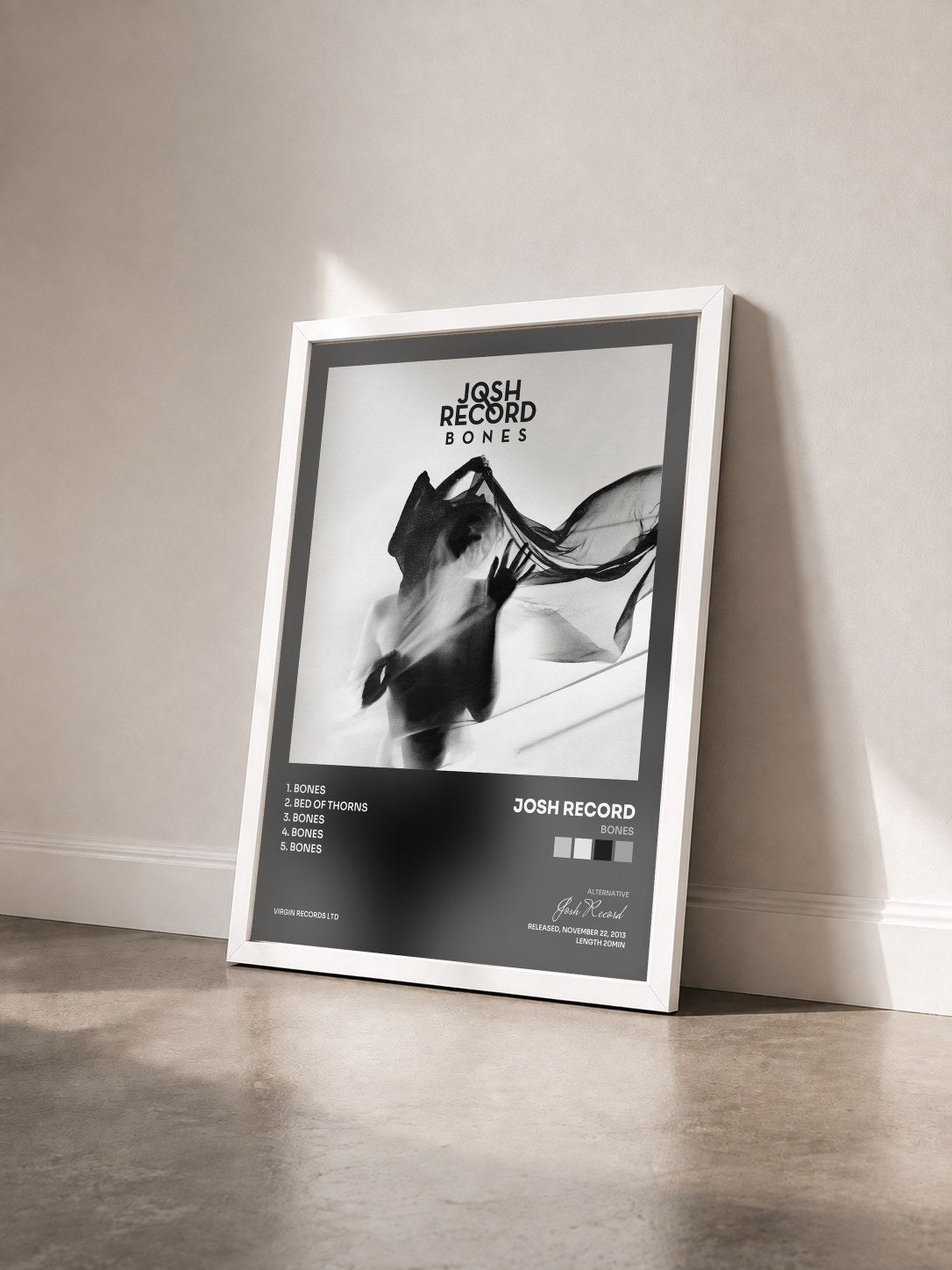 #blanc Tableau de l'album Bones de Josh Record vu de trois quarts, cadre blanc
