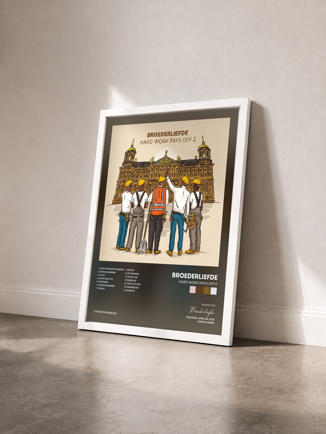 #blanc Tableau de l'album Hard Work Pays Off 2 de Broederliefde vu de trois quarts, cadre blanc