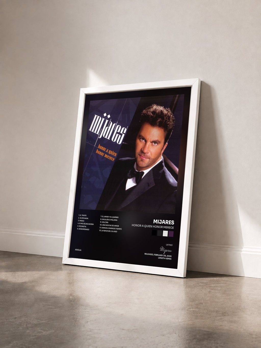 #blanc Tableau de l'album Honor A Quien Honor Merece de Mijares vu de trois quarts, cadre blanc
