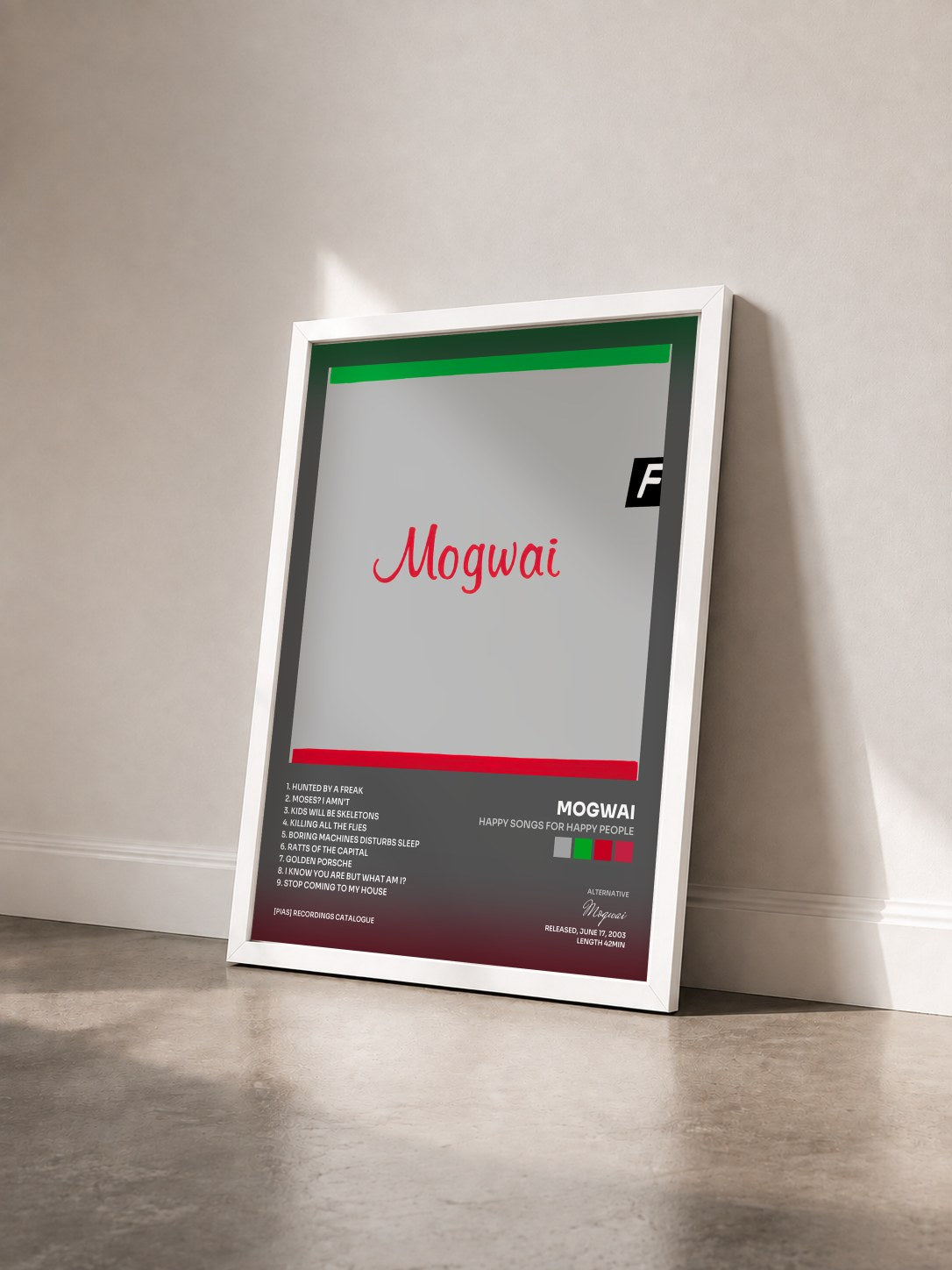 #blanc Tableau de l'album Happy Songs for Happy People de Mogwai vu de trois quarts, cadre blanc