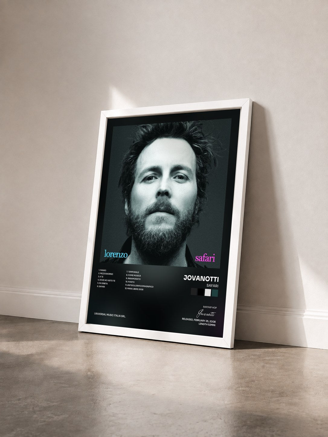 #blanc Tableau de l'album Safari de Jovanotti vu de trois quarts, cadre blanc