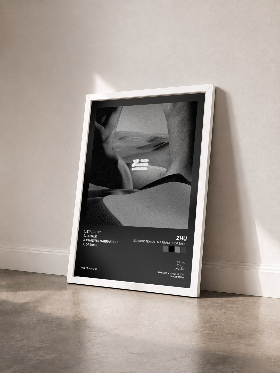 #blanc Tableau de l'album stardustexhalemarrakechdreams de Zhu vu de trois quarts, cadre blanc