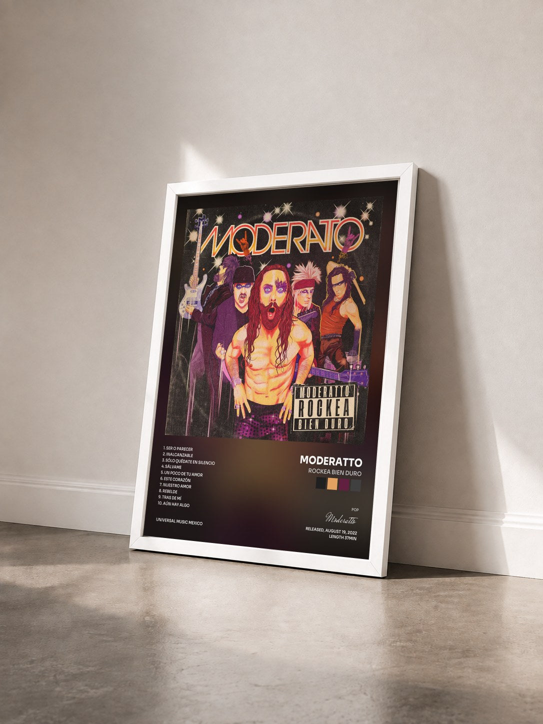 #blanc Tableau de l'album Rockea Bien Duro de Moderatto vu de trois quarts, cadre blanc