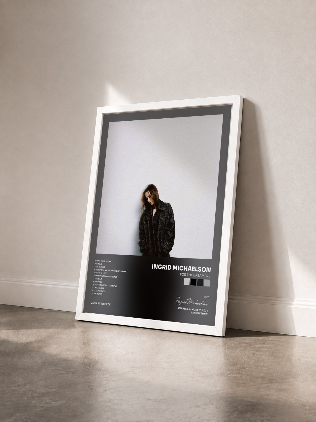 #blanc Tableau de l'album For the Dreamers de Ingrid Michaelson vu de trois quarts, cadre blanc