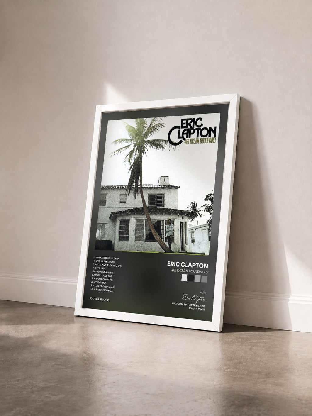 #blanc 461 Ocean Boulevard di Eric Clapton in stampa incorniciata vista di tre quarti, cornice bianca