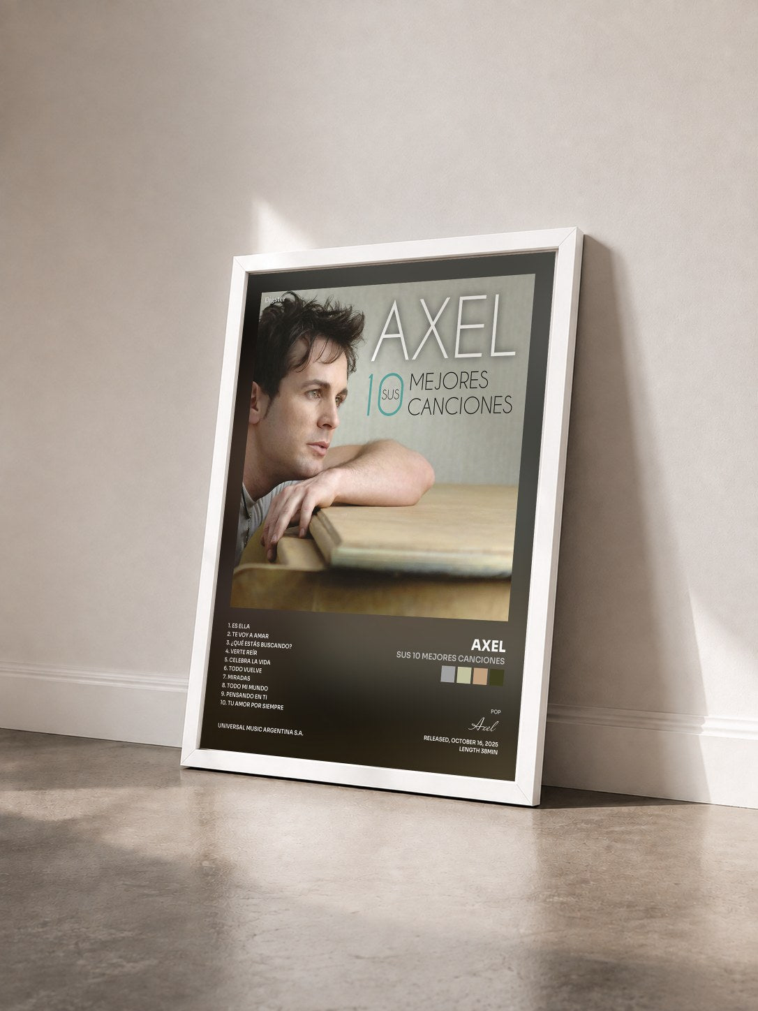#blanc Tableau de l'album Sus 10 Mejores Canciones de Axel vu de trois quarts, cadre blanc