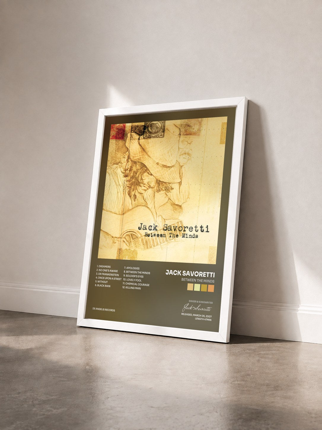 #blanc Tableau de l'album Between The Minds de Jack Savoretti vu de trois quarts, cadre blanc