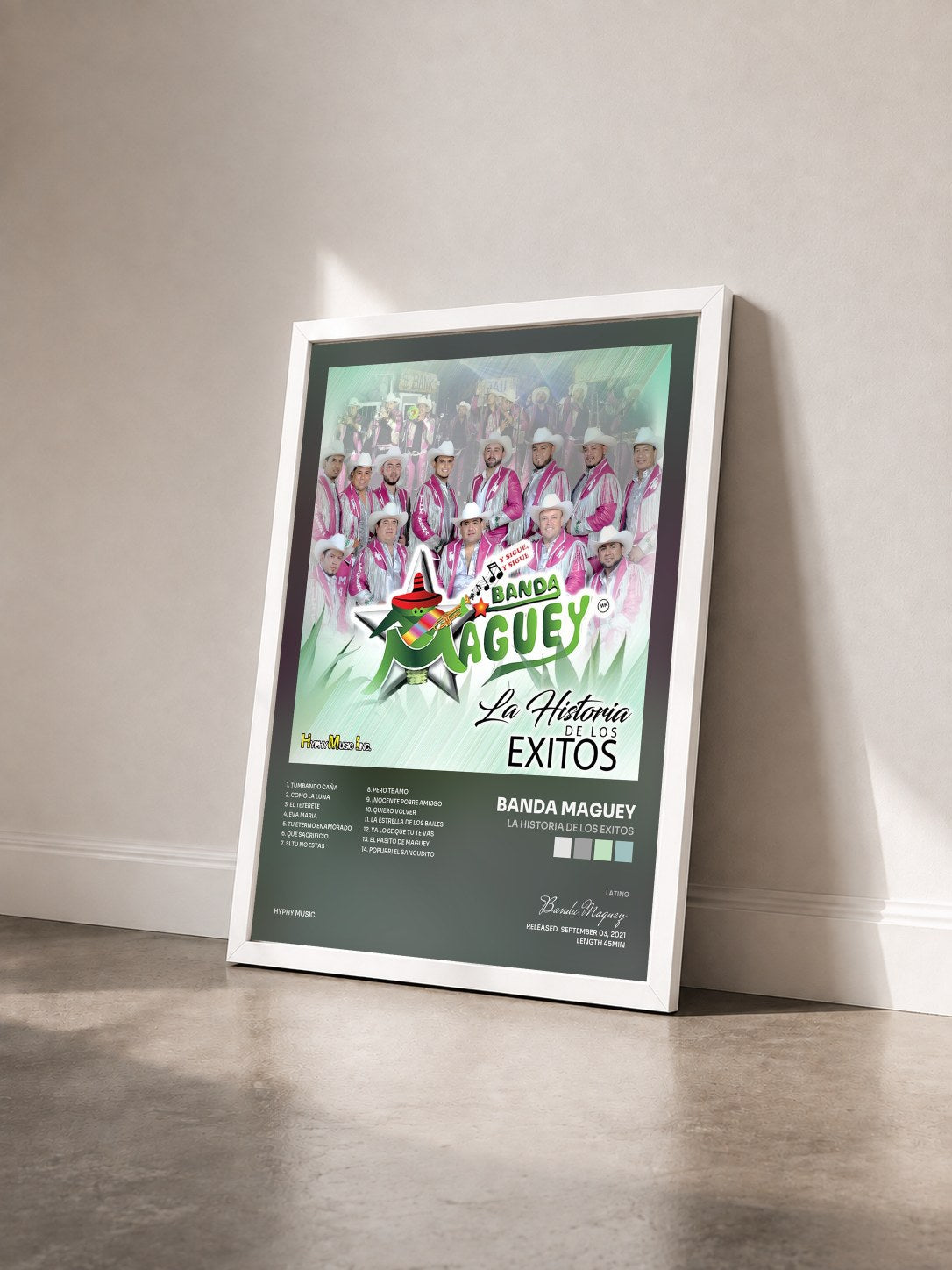 #blanc Tableau de l'album La Historia de Los Exitos de Banda Maguey vu de trois quarts, cadre blanc