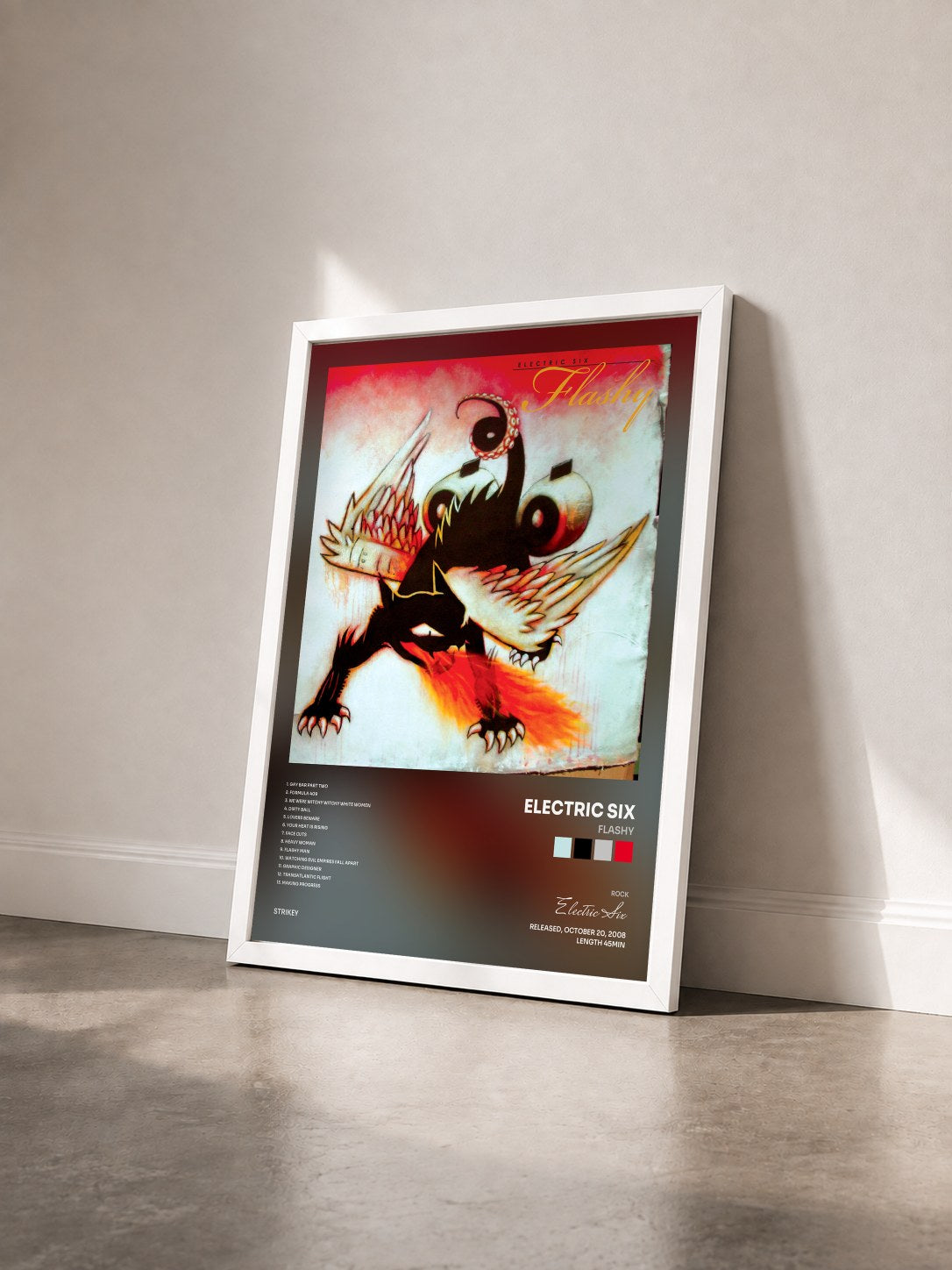 #blanc Tableau de l'album Flashy de Electric Six vu de trois quarts, cadre blanc