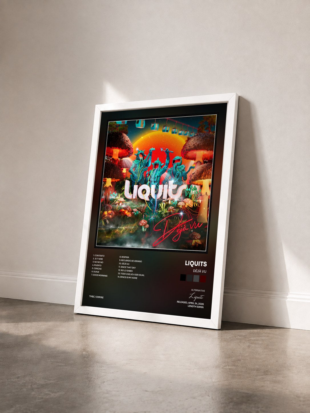#blanc Tableau de l'album Déjà Vu de Liquits vu de trois quarts, cadre blanc