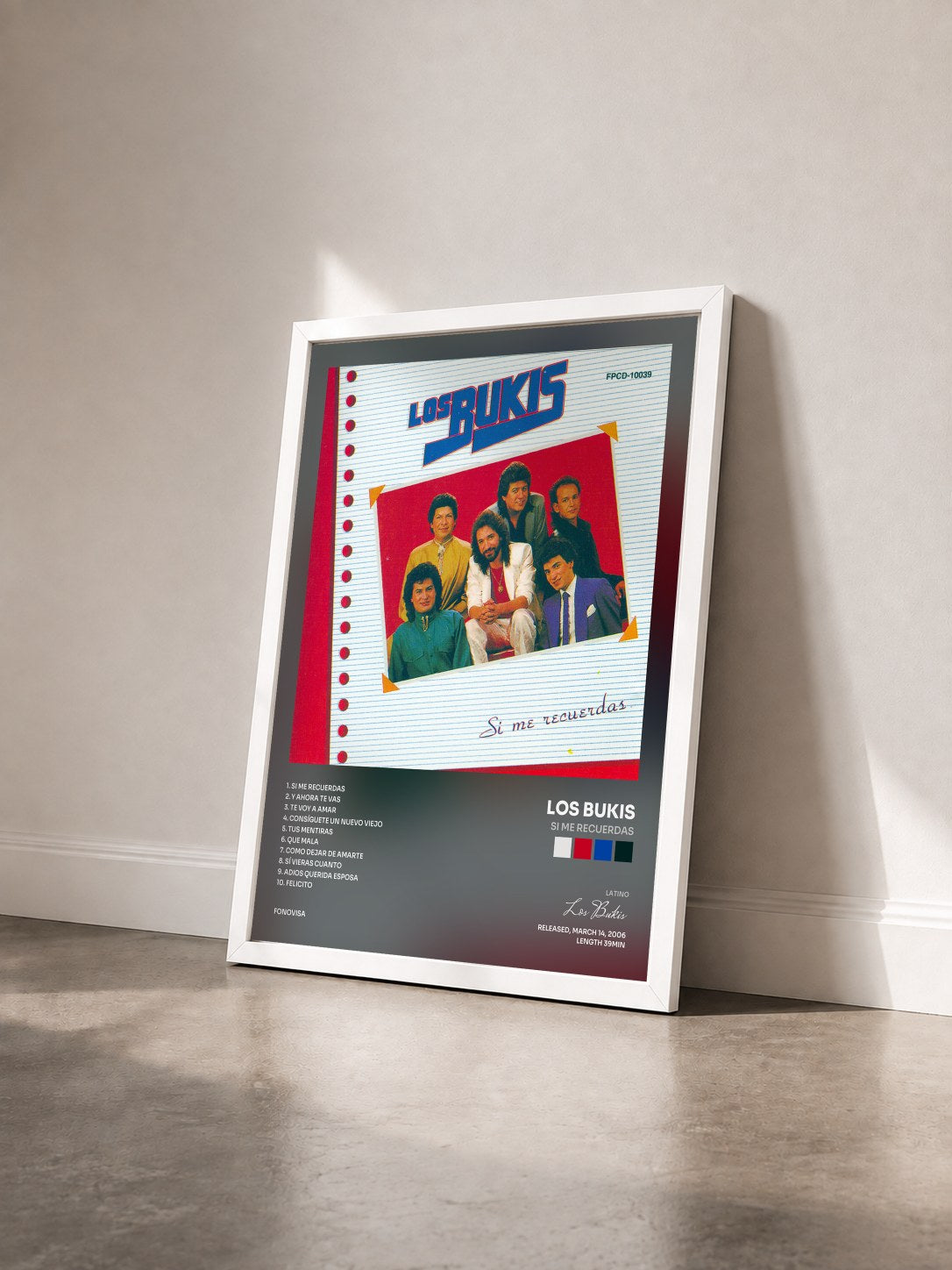 #blanc Tableau de l'album Si Me Recuerdas de Los Bukis vu de trois quarts, cadre blanc