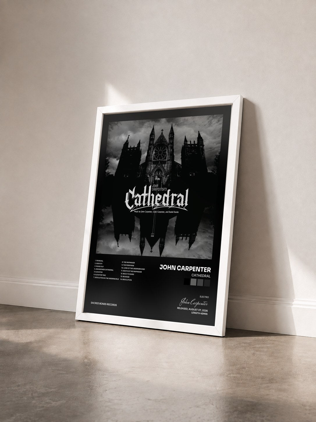 #blanc Tableau de l'album Cathedral de John Carpenter vu de trois quarts, cadre blanc