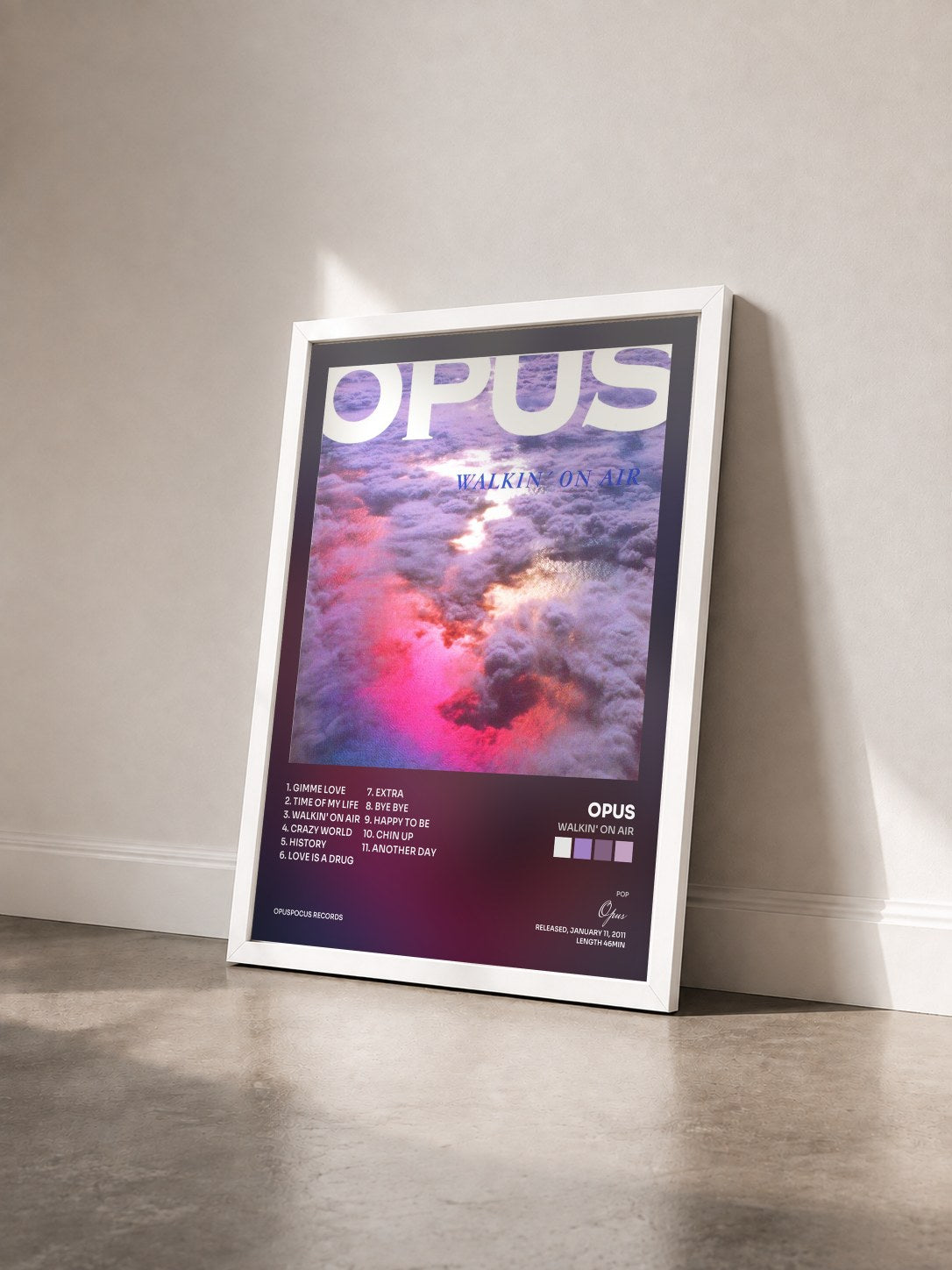 #blanc Tableau de l'album Walkin' on Air de Opus vu de trois quarts, cadre blanc