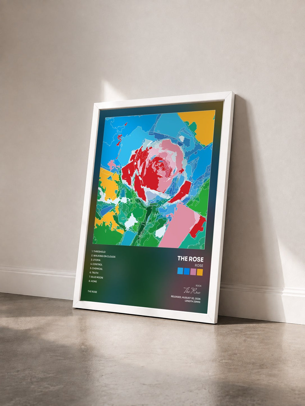 #blanc Tableau de l'album ROSE de The Rose vu de trois quarts, cadre blanc