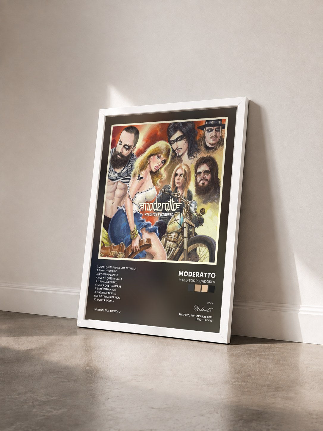 #blanc Tableau de l'album Malditos Pecadores de Moderatto vu de trois quarts, cadre blanc