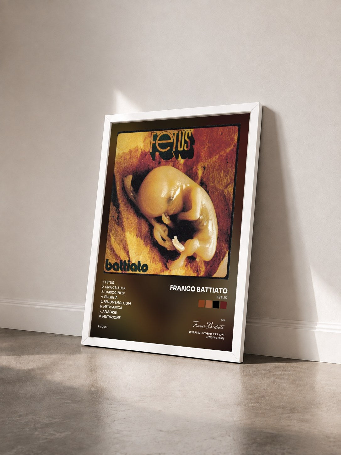 #blanc Tableau de l'album Fetus de Franco Battiato vu de trois quarts, cadre blanc