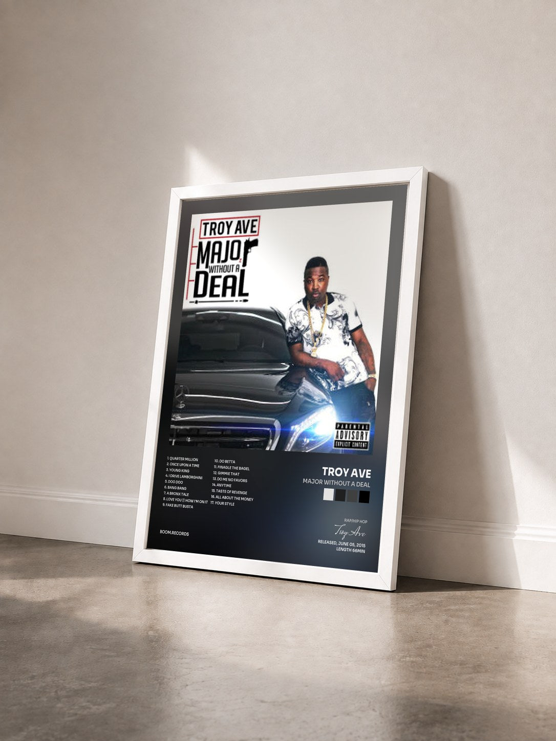 #blanc Tableau de l'album Major Without a Deal de Troy Ave vu de trois quarts, cadre blanc