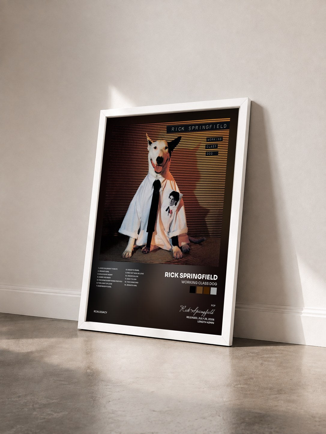 #blanc Tableau de l'album Working Class Dog de Rick Springfield vu de trois quarts, cadre blanc